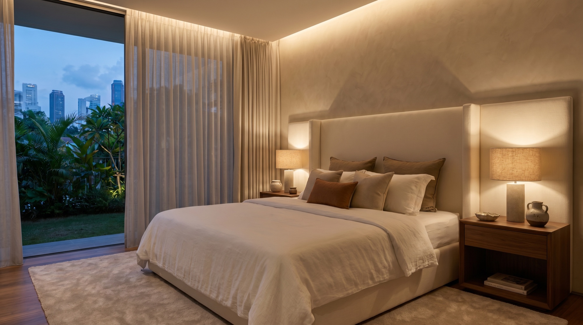The bedroom after — a calm, layered retreat