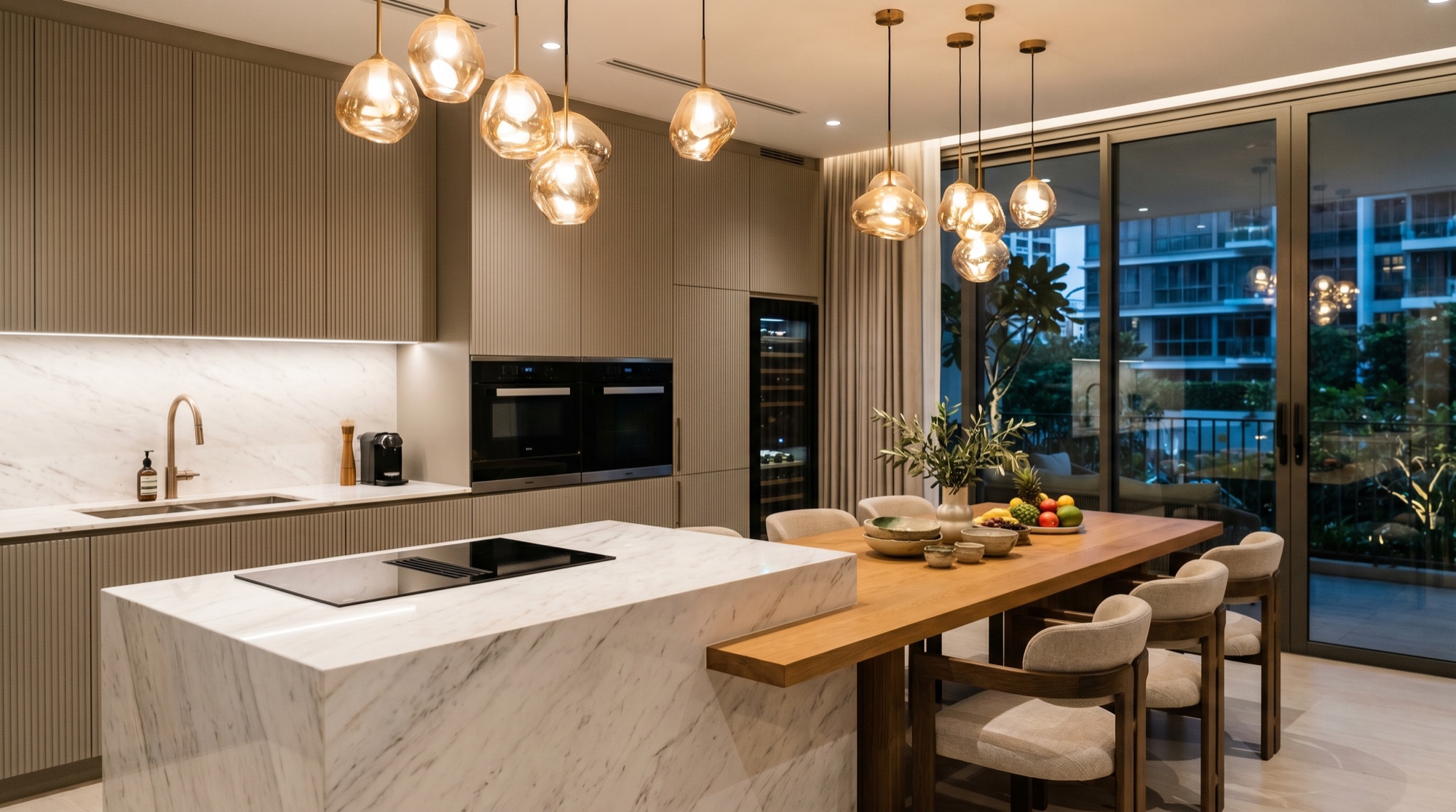 The kitchen after — a marble island and warm pendant light