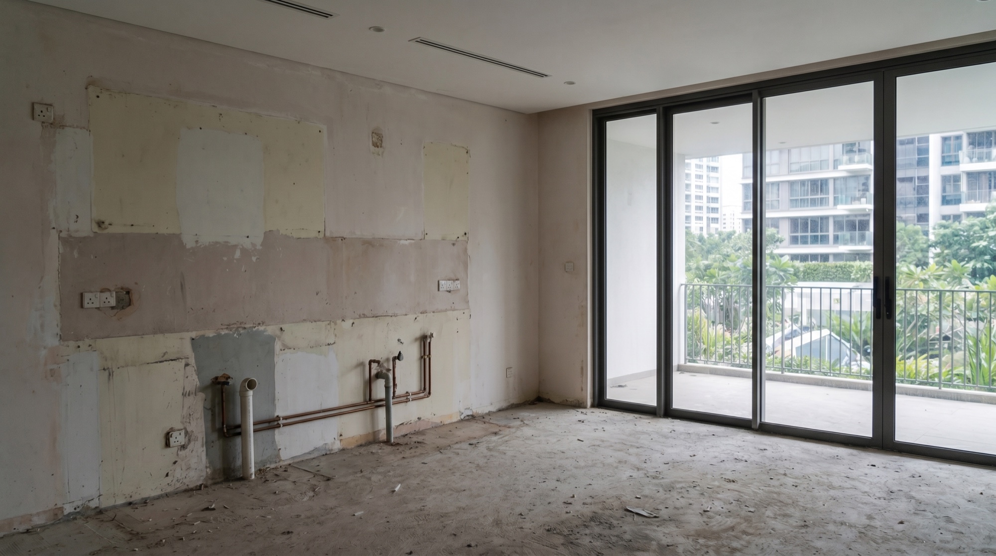 The kitchen before renovation — stripped back to bare walls
